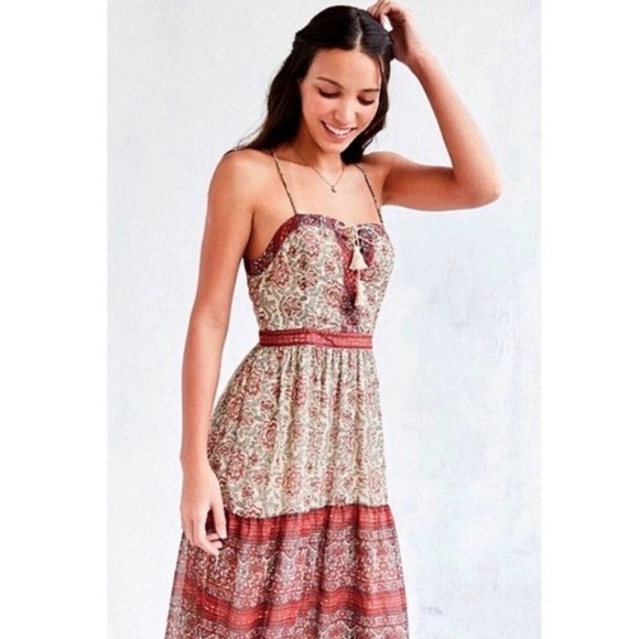 Urban Outfitters Ecote Boho Western Maxi Red Cream Dress 0 - Picture 1 of 8